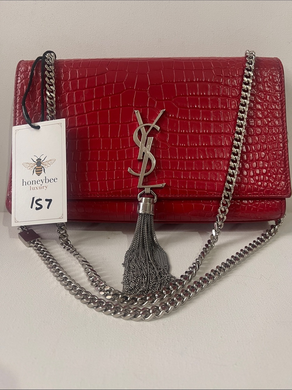 Saint Laurent Kate Tassel Chain Bag in Red Crocodile Embossed Leather
